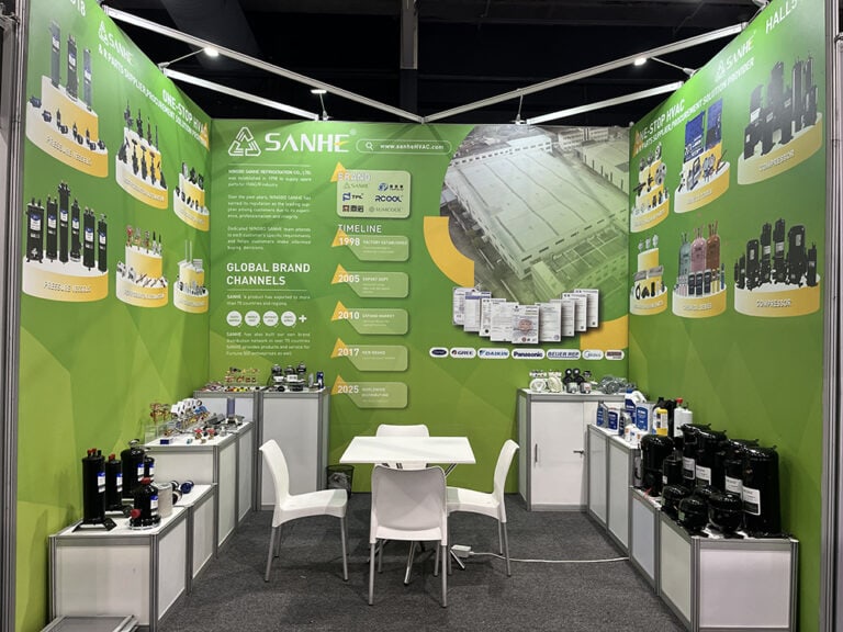 Sanhe HVAC exhibition booth showcasing refrigeration and HVAC products at 2025 FRIGAIR South Africa event.