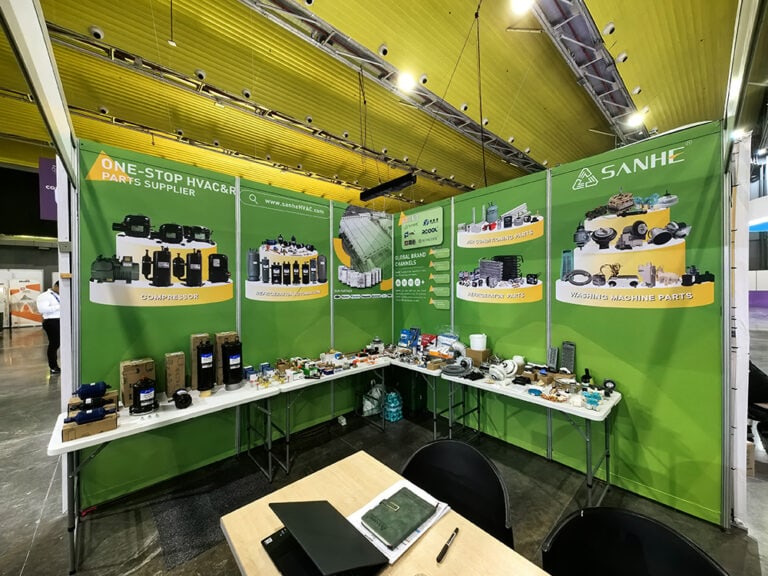 HVAC parts and equipment display booth showcasing various components and supplies for heating, ventilation, and air conditioning systems at a trade event.