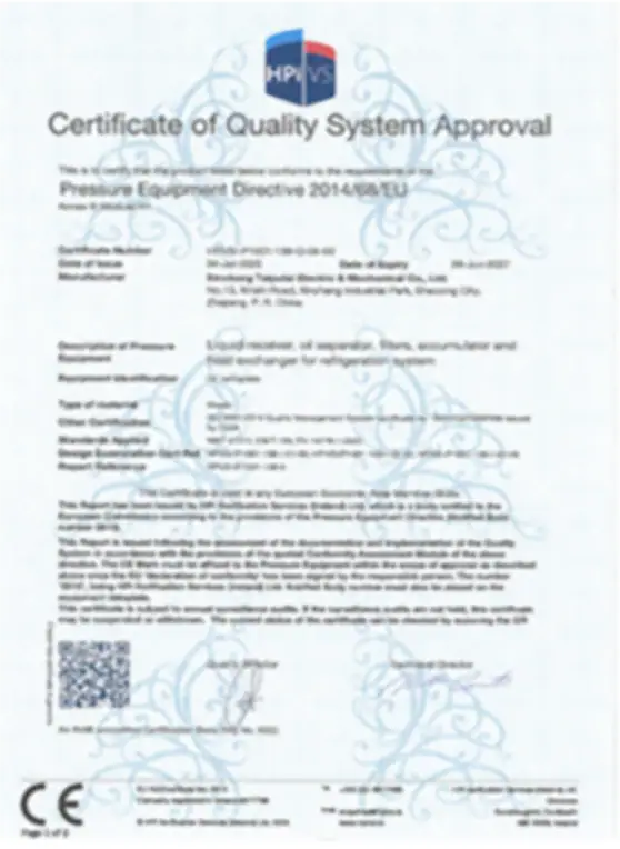Certification document for WooCommerce apps demonstrating compliance with pressure equipment safety standards and quality assurance.