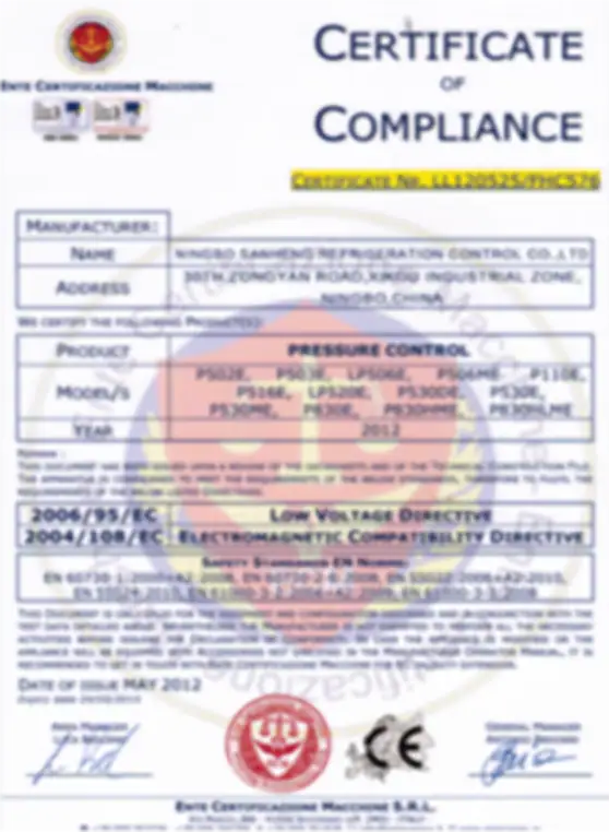 Pressure control certification for electrical devices with compliance details and standards.