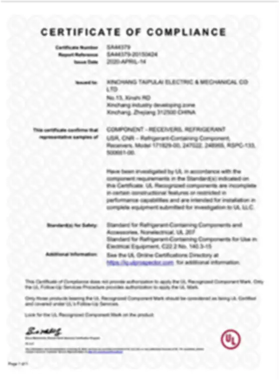 CERTIFICATE OF COMPLIANCE for electrical components and equipment.