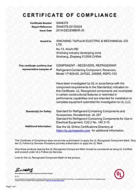 Refrigeration component certification document for electrical appliances, including compressors, condensers, and refrigerants, ensuring compliance with safety standards and performance requirements fo.