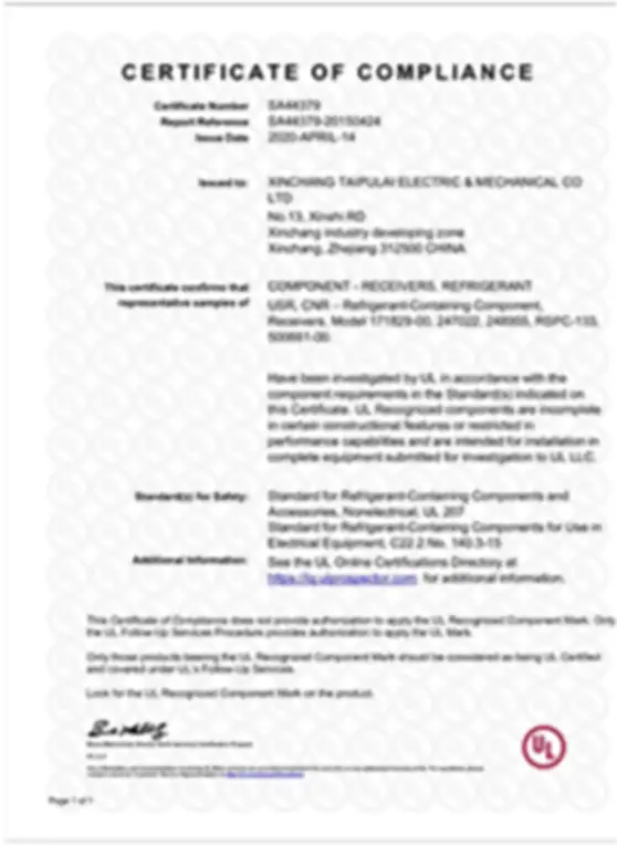 Certified Refrigerant Components for HVAC and refrigeration systems.