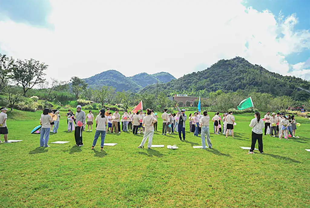 People participating in outdoor team-building activity on a lush green field with mountains in the background, promoting unity and collaboration.