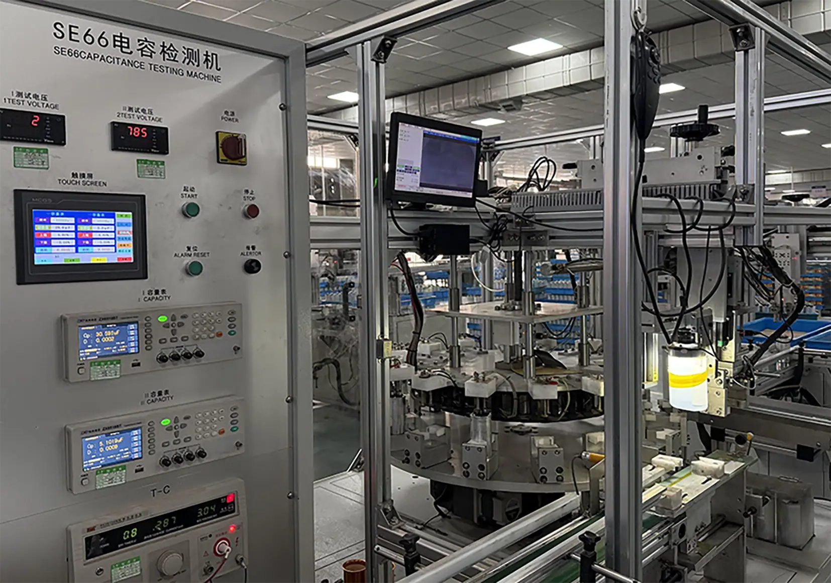 Advanced electrical testing equipment for capacity and insulation testing in manufacturing.