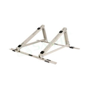 Portable adjustable laptop stand with metal frame and multiple height settings for ergonomic comfort and improved airflow.