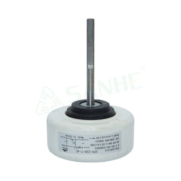 Plastic shell motor with metal shaft for HVAC applications, model SFN-230-7-C, used in Sanhe HVAC systems.