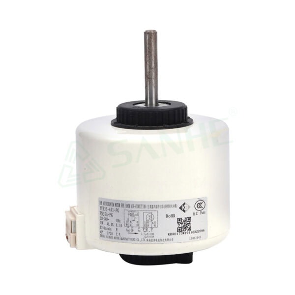 Plastic shell motor for HVAC systems, model YYR30-4A5-PG, with metal shaft and electrical connector, used in industrial applications.