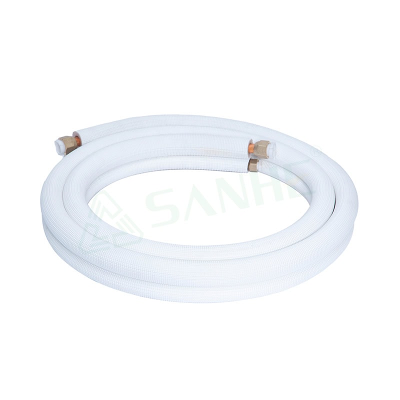 Flexible insulated copper dual tube series hose for HVAC systems, designed for efficient heat transfer and durability in refrigeration and air conditioning applications.