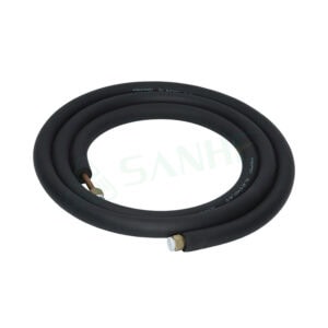 Flexible insulated copper tube used in HVAC systems, featuring a durable black outer coating and brass fittings for secure connections.