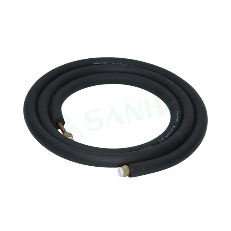 Flexible insulated copper tube used in HVAC systems, featuring a durable black outer coating and brass fittings for secure connections.