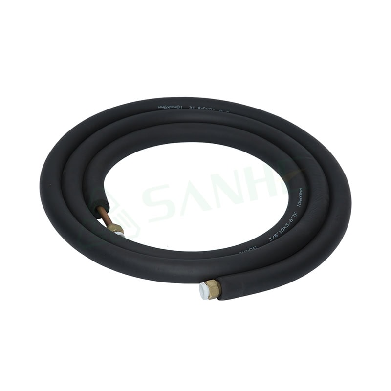 Flexible insulated copper tube used in HVAC systems, featuring a durable black outer coating and brass fittings for secure connections.