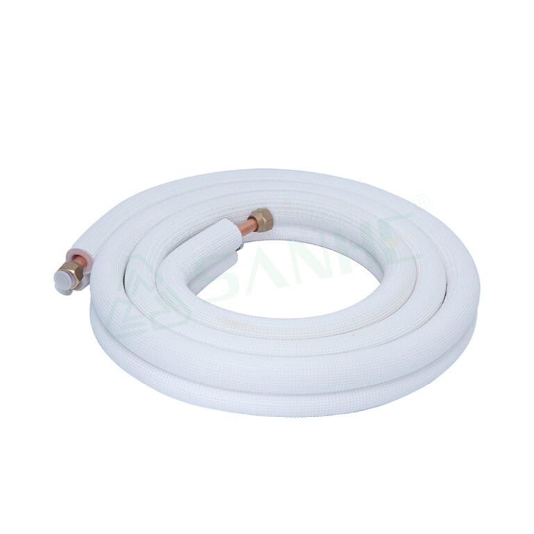Coiled insulated copper and aluminum tube used for HVAC refrigeration systems, featuring copper fittings and a flexible white insulation layer.