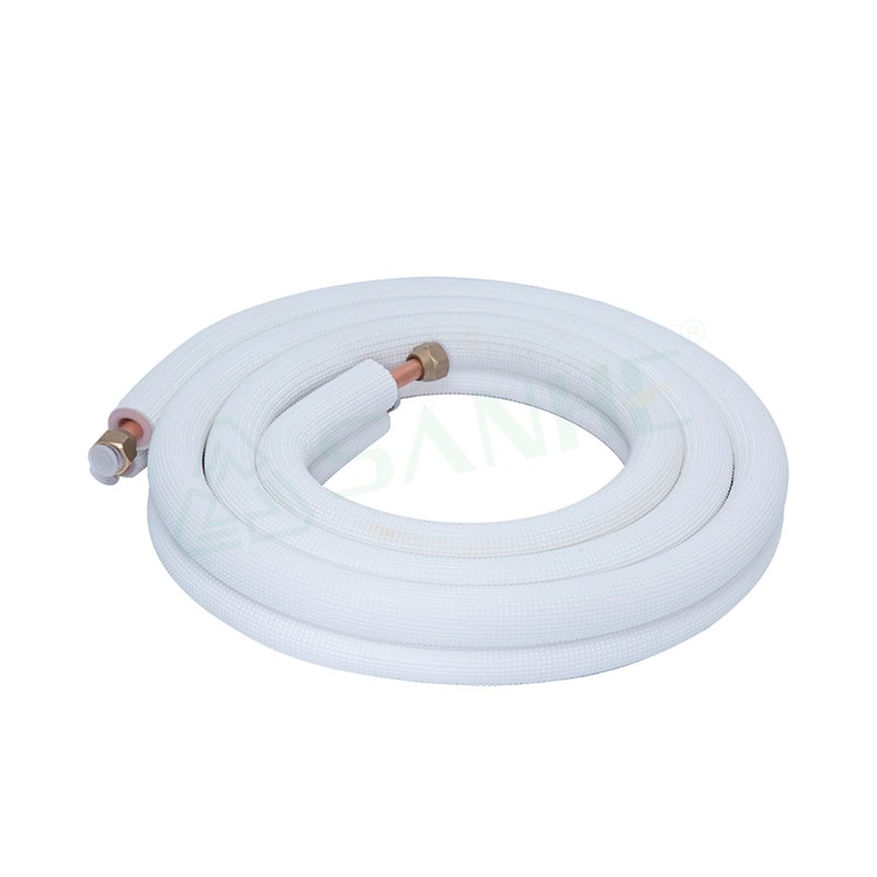 Coiled insulated copper and aluminum tube used for HVAC refrigeration systems, featuring copper fittings and a flexible white insulation layer.