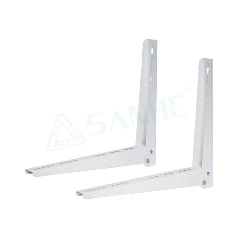 White metal wall mount brackets for HVAC units, designed for secure installation and support of air conditioning systems.