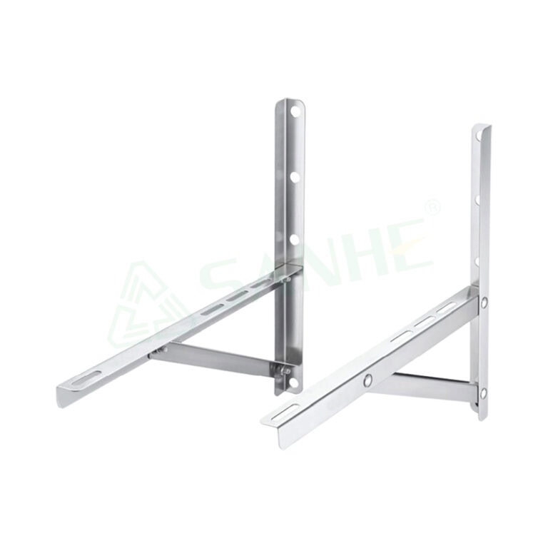 Stainless steel HVAC wall mount bracket for secure and stable air conditioning unit installation, featuring adjustable arms and multiple mounting holes.