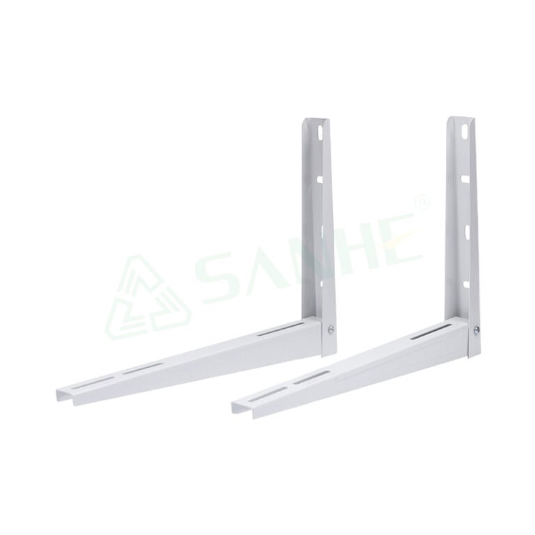 Pair of white metal wall mount brackets designed for HVAC units, featuring multiple mounting holes for secure installation.