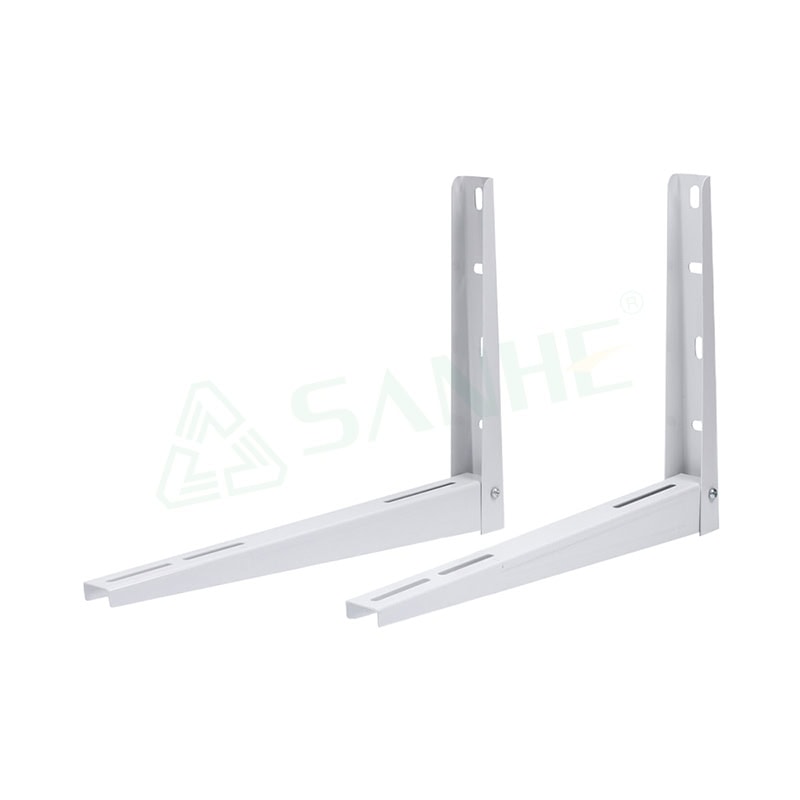 Pair of white metal wall mount brackets designed for HVAC units, featuring multiple mounting holes for secure installation.
