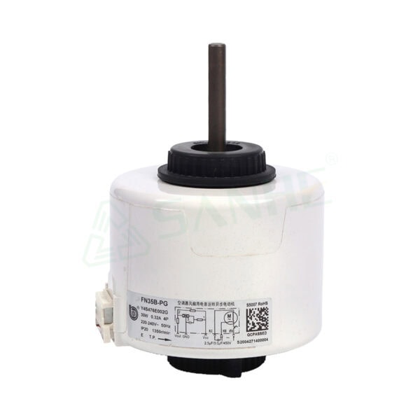 Plastic shell motor FN-35B-PG with metal shaft and electrical connections, used in HVAC systems.