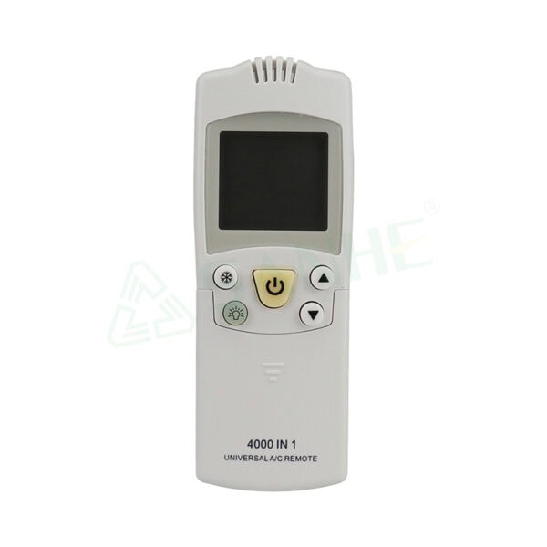 Compact universal remote control for air conditioners with LCD display and multiple function buttons.