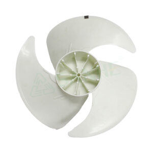 HVAC fan blade with three curved white blades and central mounting hub, used for air circulation and ventilation systems.
