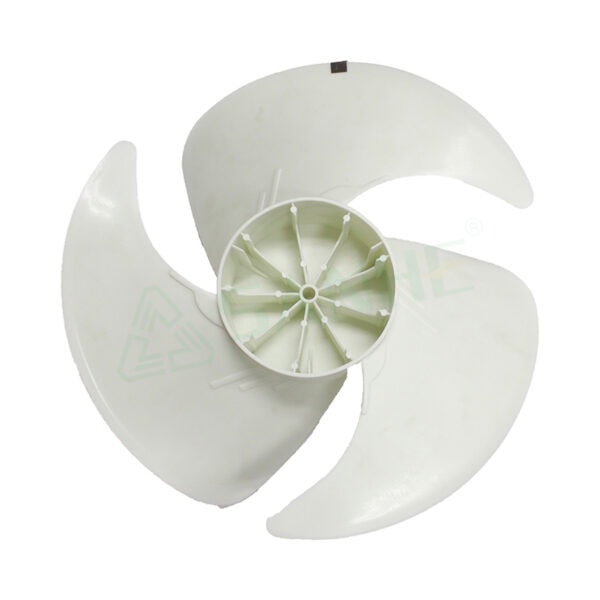 HVAC fan blade with three curved white blades and central mounting hub, used for air circulation and ventilation systems.