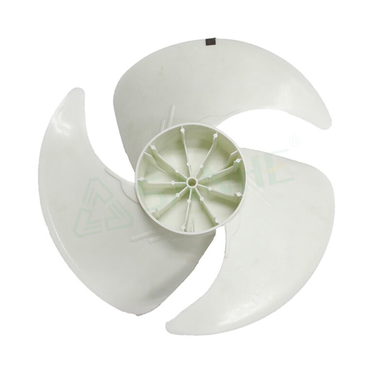 HVAC fan blade with three curved white blades and central mounting hub, used for air circulation and ventilation systems.