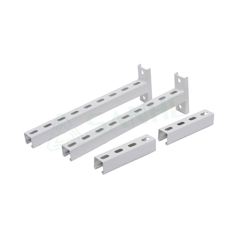 Set of metal rack mounting brackets for HVAC systems, adjustable and durable for secure installation.