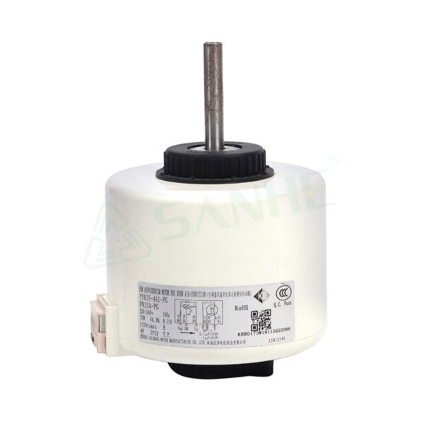 Plastic shell motor with metal shaft, suitable for HVAC applications, part number YYR35-4A1-PG, manufactured by Sanhe HVAC.