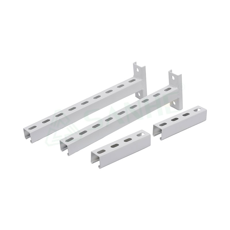 Set of metal rack mounting brackets for HVAC systems, adjustable and durable for secure installation.