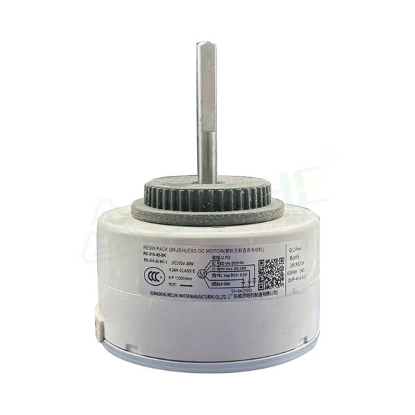 Resin pack brushless DC motor with plastic shell, suitable for HVAC applications, featuring a metal shaft and detailed specifications label.