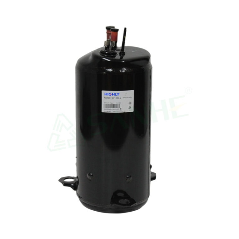 High-Quality Rotary Compressor used in HVAC systems, black cylindrical design with electrical connections on top.