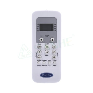 Carrier universal remote control for air conditioners with LCD display and multiple control buttons for temperature, mode, fan, and sleep functions.