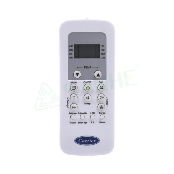 Carrier universal remote control for air conditioners with LCD display and multiple control buttons for temperature, mode, fan, and sleep functions.