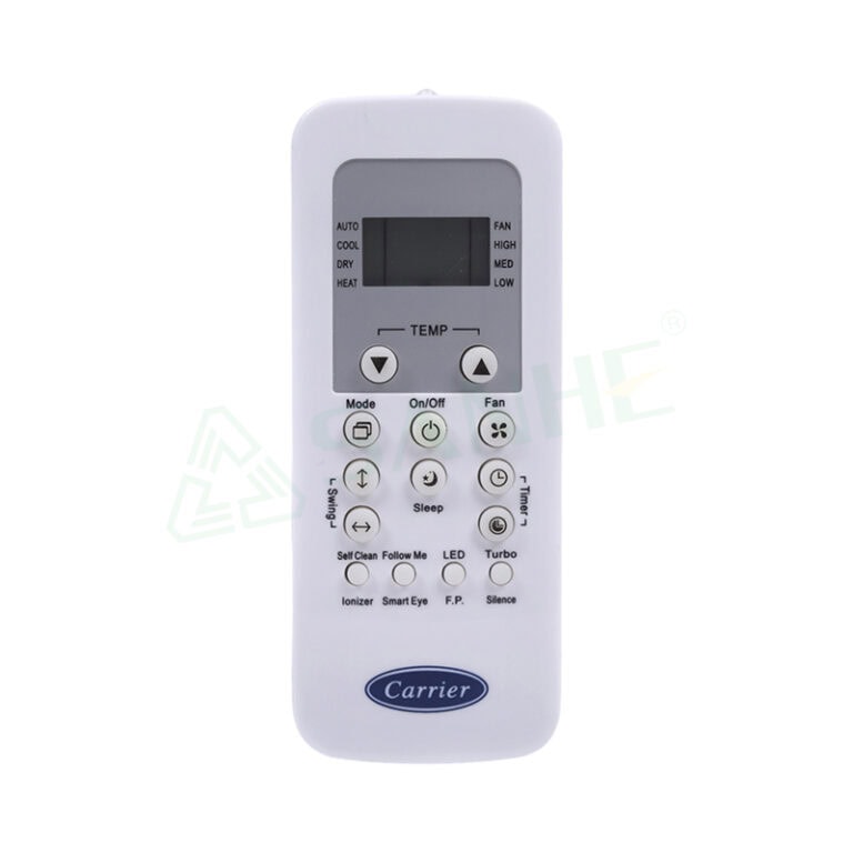 Carrier universal remote control for air conditioners with LCD display and multiple control buttons for temperature, mode, fan, and sleep functions.