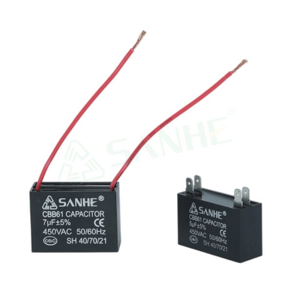 Two SANHE CBB61 motor capacitors with red and black wires, used in HVAC and motor applications, rated 7uF and 5uF respectively, with voltage 450VAC.