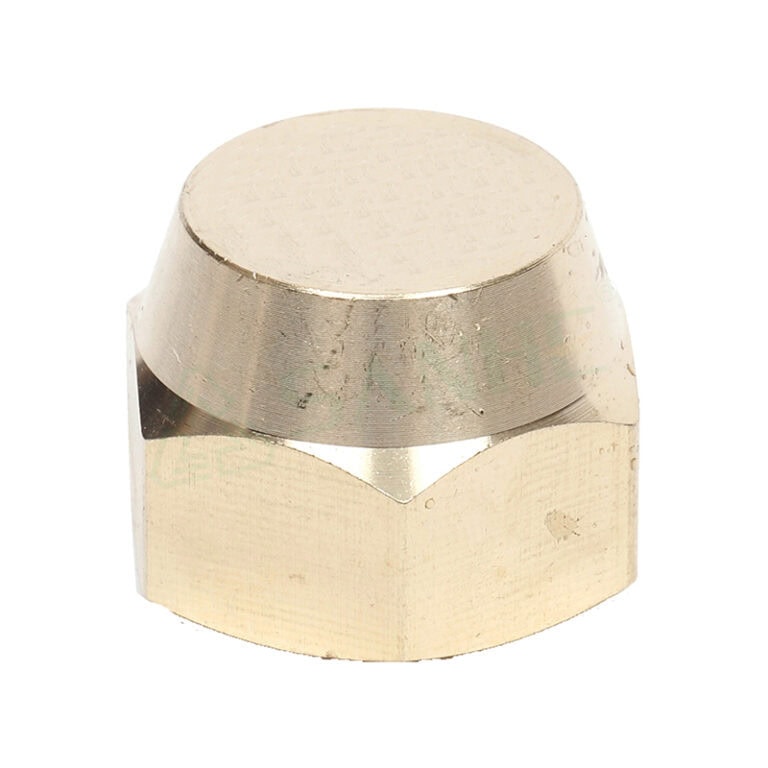 Close-up of a brass cap nut used in plumbing, showcasing its smooth, rounded top and threaded base for secure fittings.