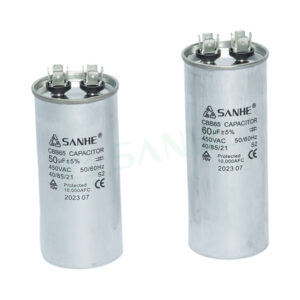 Two SANHE CBB65-R motor capacitors with 50uF capacity, 450VAC, and 50/60Hz frequency, used in HVAC and motor applications.