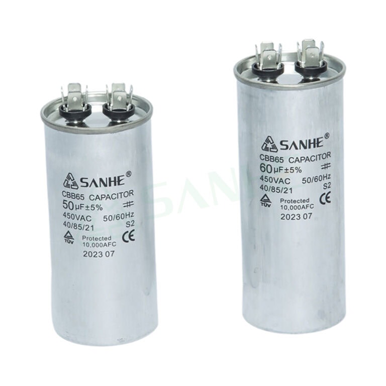 Two SANHE CBB65-R motor capacitors with 50uF capacity, 450VAC, and 50/60Hz frequency, used in HVAC and motor applications.