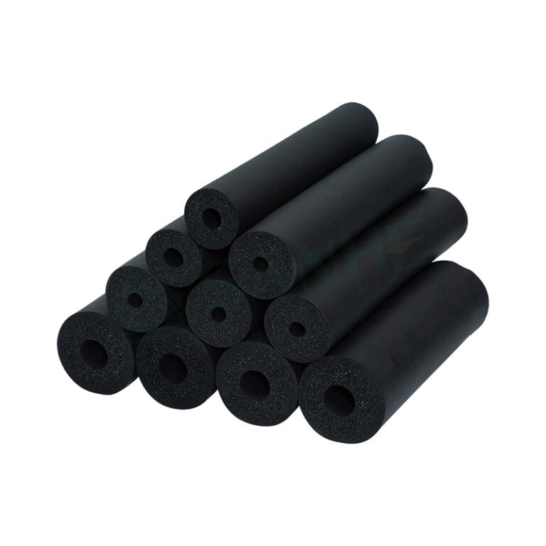 Black foam insulation tubes for HVAC piping and duct insulation, cylindrical in shape with hollow centers, ideal for thermal and sound insulation.