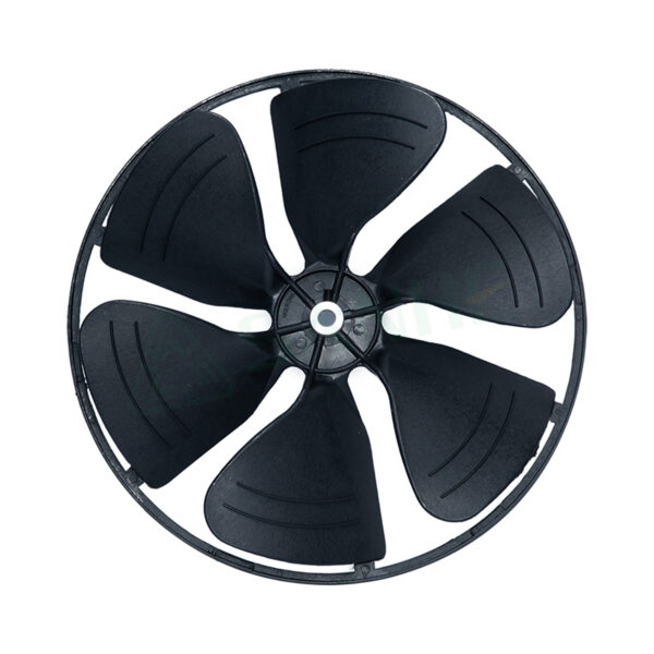 HVAC fan blade with five black blades designed for efficient air circulation in heating, ventilation, and air conditioning systems.