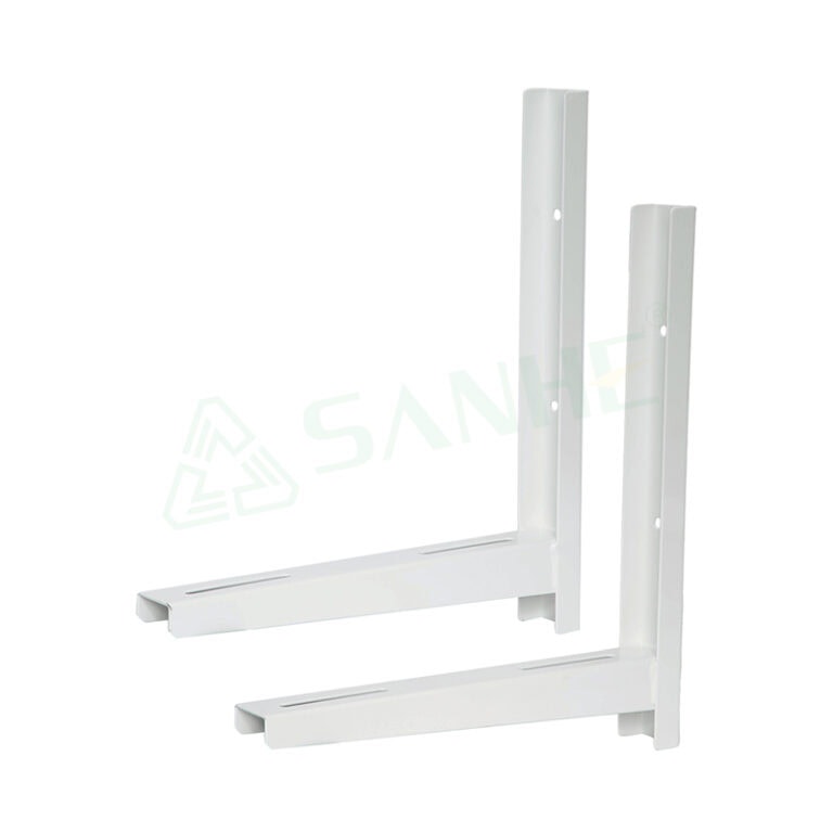 White HVAC equipment mounting brackets for secure installation of air conditioning units or HVAC systems.