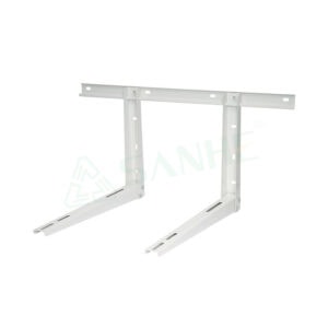White HVAC wall mount bracket for air conditioning units, made of durable metal with adjustable slots for secure installation.