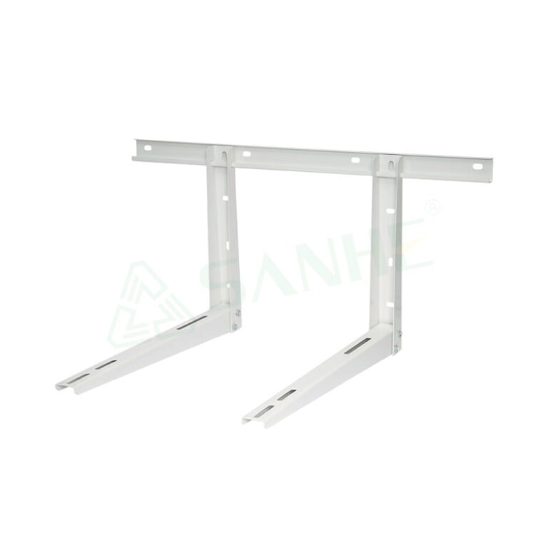 White HVAC wall mount bracket for air conditioning units, made of durable metal with adjustable slots for secure installation.