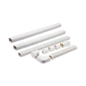 Set of white air conditioner duct components including pipes, connectors, and a flexible hose for HVAC installation and maintenance.
