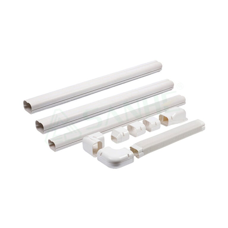 Set of white air conditioner duct components including pipes, connectors, and a flexible hose for HVAC installation and maintenance.