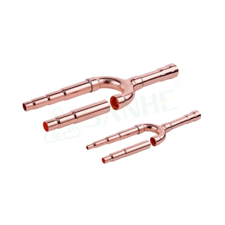 Copper pipe fittings for HVAC systems, including elbows and straight connectors, used for efficient plumbing and heating installations.