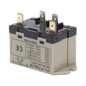 Close-up of G7L mini electromagnetic relay showing metal contacts and specifications for HVAC and industrial applications.