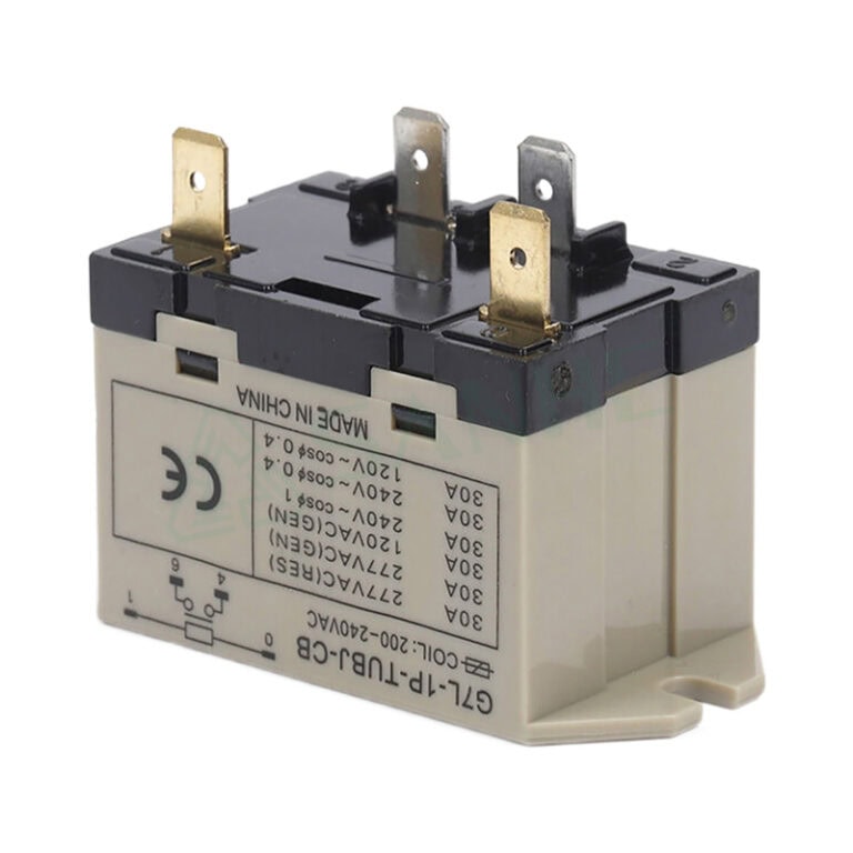 Close-up of G7L mini electromagnetic relay showing metal contacts and specifications for HVAC and industrial applications.