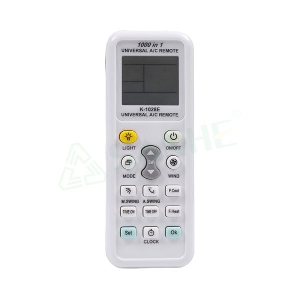 Universal remote control for air conditioning units with LCD display and multiple function buttons for climate control.